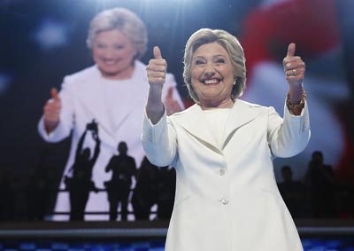 In this photo taken July 28, Democratic presidential nominee Hillary Clinton gives her thumbs up as she appears on stage during the final day of the Democratic National Convention in Philadelphia (AP photo)